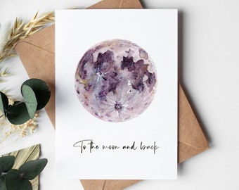 To the Moon and Back Card | Moon Card | Watercolor Moon Card | I love you Card | Cute Christmas Card | Full Moon Card with gold details A6