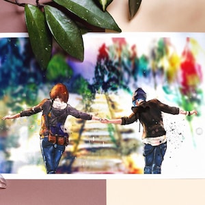 Life is Strange Poster | Max Caulfield & Chloe Price Holding Hands On Railway | Life is Strange Watercolor Print | Life is Strange Fanart
