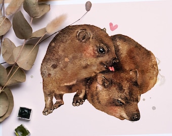 Cute Hyrax Art Print | AWAWA Hyrax Watercolor Painting | Funny Animal Meme Print | Rock Hyrax Couple Illustration