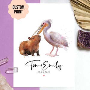 Graziosa opera d'arte di capibara / Regalo personalizzato di capibara e pellicano / Stampa personalizzata di nome e data / Stampa artistica personalizzata di coppia di capibara