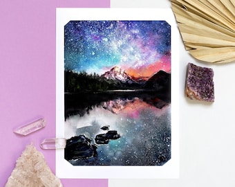 Aurora Borealis Watercolor Print | Nordic Starry Night Lake Art