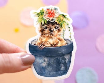 Sloth in Planter Sticker | Watercolor Art, Waterproof Vinyl