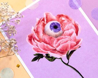 Pink Peony Watercolor Print, Witchy Eye Floral Art