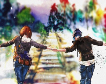 Life is Strange Poster | Max Caulfield und Chloe Price Händchen haltend auf Bahngleisen | Life is Strange Aquarell Print