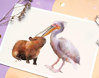 Capybara Painting  | Capybara and Pelican Illustration | Capybara Watercolor Artwork  | Cute Capybara Art