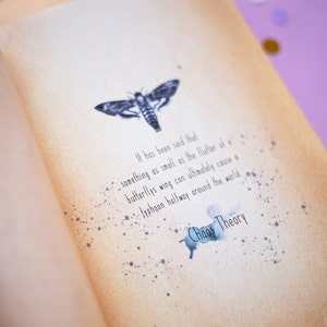 May include: Open book page with a moth illustration and text. The text reads "It has been said that something as small as the flutter of a butterfly's wing can ultimately cause a typhoon halfway around the world. Chaos Theory."