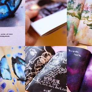 May include: A collection of open books with watercolor illustrations and text. One page shows a blue butterfly, another has the text "This action will have consequences." Other pages feature landscapes, abstract art, and handwritten text.