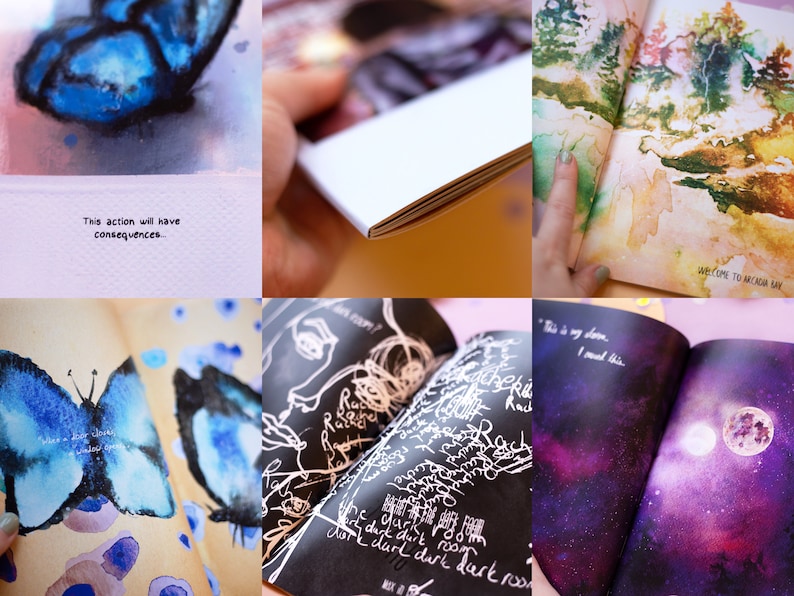 May include: A collection of open books with watercolor illustrations and text. One page shows a blue butterfly, another has the text "This action will have consequences." Other pages feature landscapes, abstract art, and handwritten text.