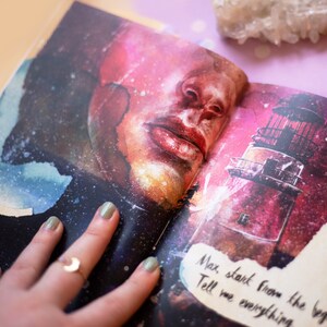May include: Open book with watercolor illustrations. One page features a face with a cosmic background, the other a lighthouse. Text reads "Max, start from the beginning. Tell me everything."
