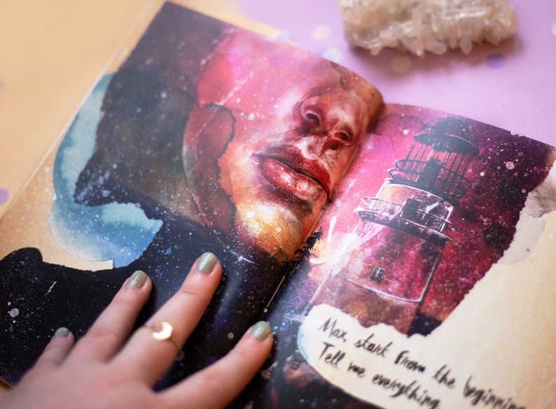 May include: Open book with watercolor illustrations. One page features a face with a cosmic background, the other a lighthouse. Text reads "Max, start from the beginning. Tell me everything."