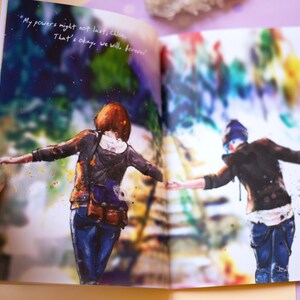 May include: A watercolor illustration from a book featuring two figures with outstretched arms. The text "My powers might not last, Chloe, That's okay, we will, forever" is visible. The artwork has a blurred background with colorful splashes.