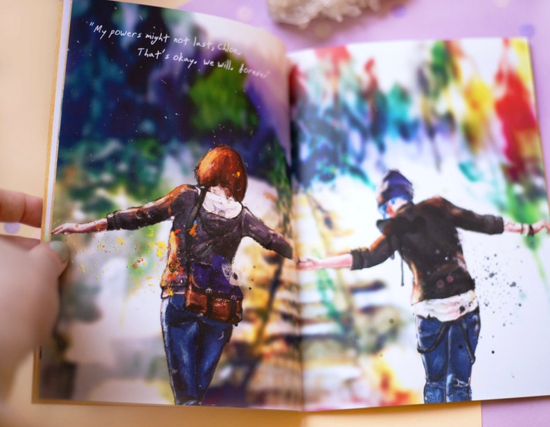 May include: A watercolor illustration from a book featuring two figures with outstretched arms. The text "My powers might not last, Chloe, That's okay, we will, forever" is visible. The artwork has a blurred background with colorful splashes.
