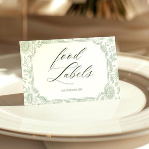 Etichette per alimenti in tela verde salvia, biglietti da buffet, segnaposto per matrimoni, addio al nubilato, baby shower, decorazioni floreali vintage Canva, download BA0720