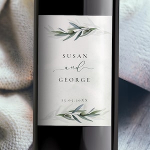 Etiqueta de vino "Rama de Olivo", mensaje minimalista, etiquetas rústicas personalizadas para bodas, fiestas y regalos, acuarela verde, descarga instantánea WED0132
