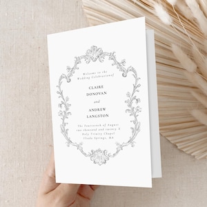 Programme plié de mariage à l'église, modèle de livret de cérémonie illustré en noir, service de commande d'itinéraire classique élégant - Canva à télécharger WED2536C