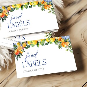 Amalfi Blue Tile Food Label, Editable Lemon Mediterranean Party Table Decor, Custom Baby Shower Wedding Flat Card, Canva Download BA0420