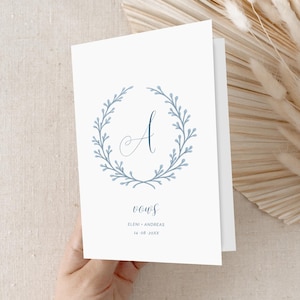 Plantilla de votos matrimoniales para él y para ella, libro imprimible elegante y editable, recuerdo de aniversario azul polvoriento personalizado, descarga Canva WED2535B