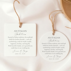 Bomboniera-labelsjabloon, gepersonaliseerde trouwbedankjes, Italiaanse traditie Jordan-amandelen, aangepaste confetti-labels Canva Instant Download ST08