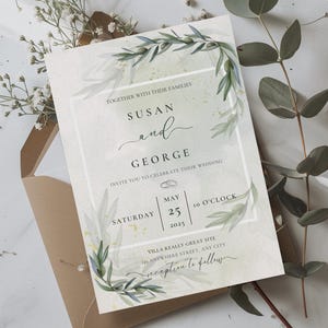 Invito di nozze stampabile con ramo d'ulivo, disegno acquerello di verde salvia, cancelleria per matrimonio fai da te, modello Canva minimalista ed elegante WED0102