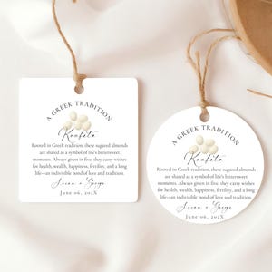 Plantilla ilustrada de etiqueta tradicional griega Koufeta, bomboniera de almendras Jordan personalizada, etiqueta de boda redonda y cuadrada, descarga de Canva ST12