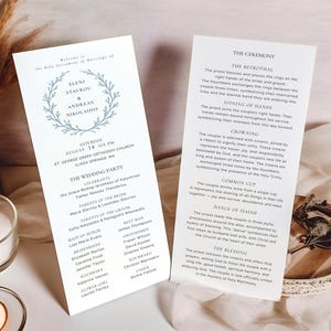 Modello di programma per matrimonio greco-ortodosso blu, guida alla cerimonia con illustrazione personalizzata, itinerario elegante, servizio di ordinazione, download Canva WED2511B
