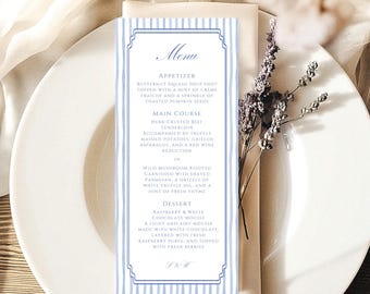 Blue Stripe Menu Card, Editable Coastal Wedding Template, Summer Garden Party, Dinner Reception Decor, Custom Classic, 4x9 Canva W4407B