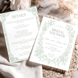 Green Toile Invite and Detail Set, Vintage Floral Bridal Shower Invitation Template, Print Chinoiserie Party Design, Canva Download BA0701