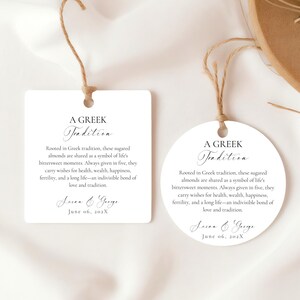 Plantilla de etiqueta de tradición koufeta griega, bomboniera de almendras jordanas personalizada, etiqueta de boda minimalista, redonda y cuadrada, descarga de Canva ST11