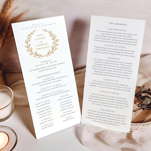 Plantilla de programa de boda ortodoxa griega, guía de ceremonia con ilustraciones personalizadas, itinerario elegante, orden del servicio, descarga de Canva WED2511