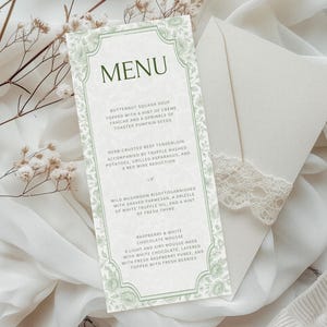 Modello di menu in tela verde, carta per cena di nozze floreale vintage, modifica decorazioni per addio al nubilato, design cineserie Canva, download BA0708