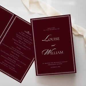 Editable Wedding Program Canva, Burgundy Ceremony Booklet Order of Service Printable A4 5x7 W51