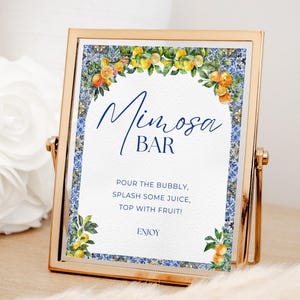 Letrero de bar con mimosa y azulejos azules de Amalfi, elegante decoración para fiesta de limón, menú personalizable de bebidas cítricas, recepción de boda, descarga personalizada de Canva BA0415