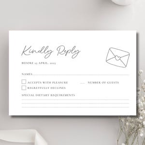 Tarjeta de RSVP de boda minimalista ilustrada, plantilla de invitación elegante y original, tarjeta de respuesta con detalles de caligrafía moderna, descarga instantánea (WED1703)