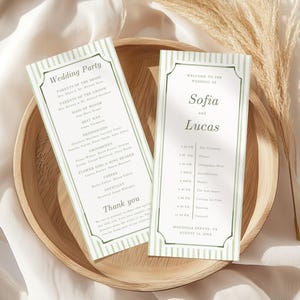 Wedding Program Template Editable Canva, Green Stripe Ceremony Reception Card 4x9, Printable Order of Events Timeline Instant Download W46