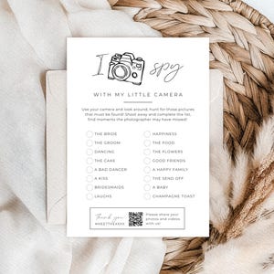 I Spy Game, bewerkbare QR-code bruiloft sjabloon, leuke foto delen, minimale speurtocht kaart, vrijgezellenfeest, receptie idee 5 x 7 A4 Canva GM11