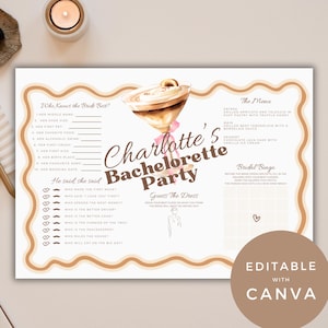 May include: A printable bachelorette party game with a brown and pink color scheme. The game includes a "Who Knows the Bride Best?" section, a "He Said She Said" section, a "Guess the Dress" section, and a "Bridal Bingo" section. The game also includes a menu for the party. The text "Charlotte's Bachelorette Party" is at the top of the page.