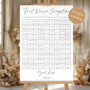 Juego de sorteo de primer baile de bodas, actividad de recepción divertida y única, juego de bodas minimalista personalizado, plantilla de impresión digital Canva WED0325