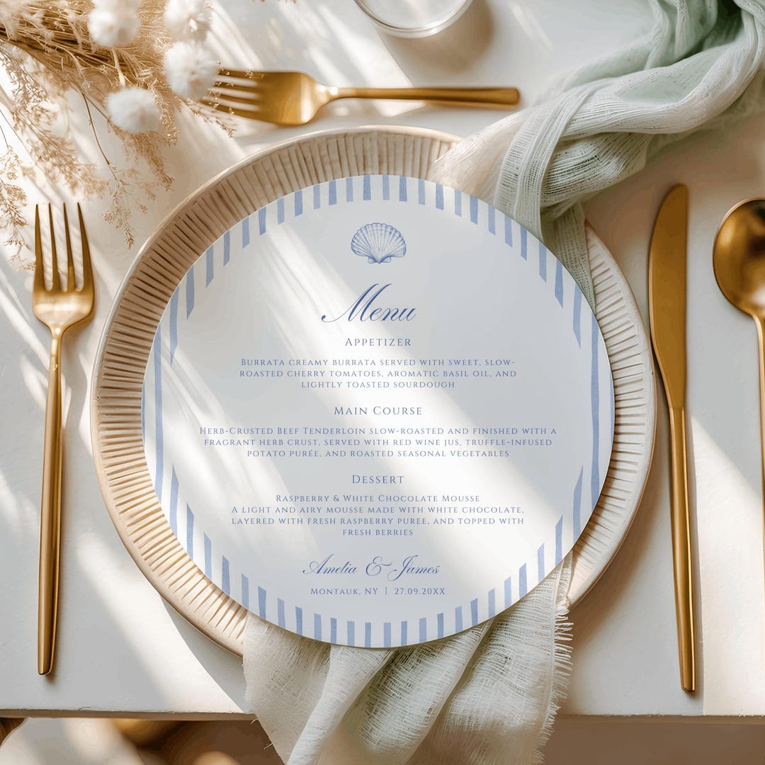 Round Seashell Menu, Blue Stripe Wedding Template, Editable Classic ...