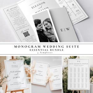 Puede incluir: Un conjunto de plantillas de papelería de boda elegantes en blanco y negro. El conjunto incluye invitaciones, tarjetas RSVP y señalización con diseños minimalistas. El texto incluye nombres, fechas y la frase "Monogram Wedding Suite Essential Bundle".