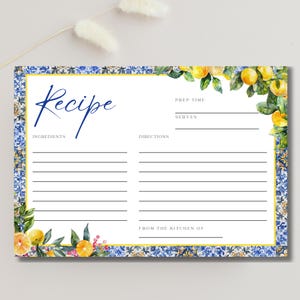 Receptkaart Amalfi blauwe tegel, sjabloon citroen vrijgezellenfeest bewerken, aanpasbaar mediterraan kookinzetstuk voor gast Instant Download BA0413