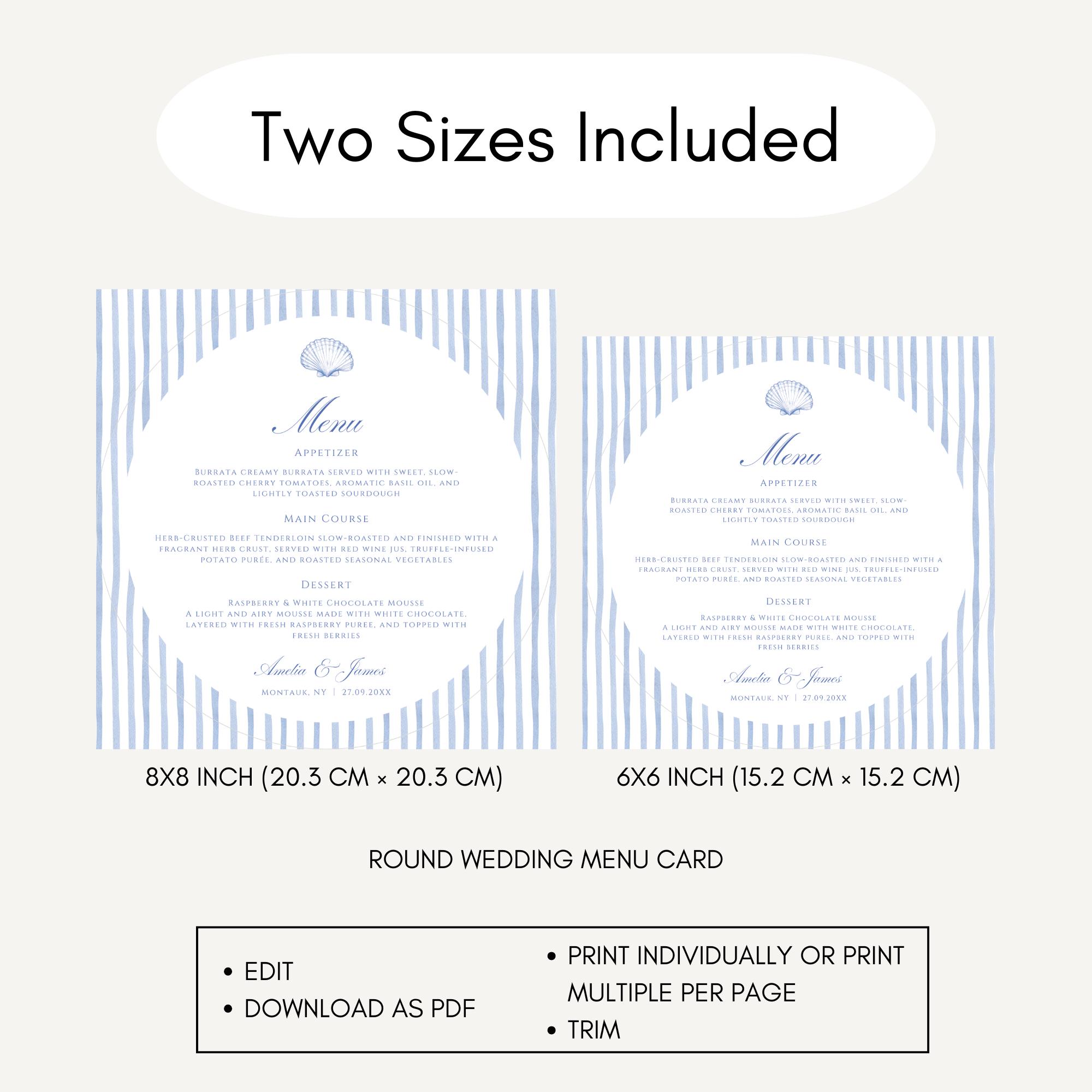 Round Seashell Menu, Blue Stripe Wedding Template, Editable Classic ...