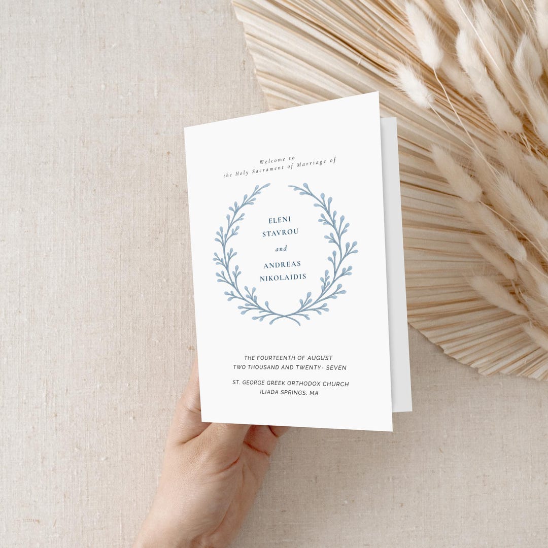 Greek Orthodox Folded Wedding Program, Custom Blue Illustration ...