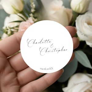 Autocollants ronds avec nom minimaliste pour mariage, étiquettes circulaires personnalisées, shower de mariage, décoration de fête élégante, étiquettes personnalisées, modèle à télécharger ST02
