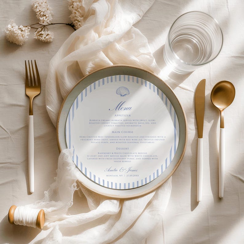 Round Seashell Menu, Blue Stripe Wedding Template, Editable Classic ...