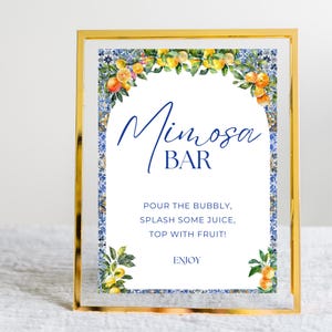 Enseigne de bar en mosaïque bleu Amalfi, décoration élégante de fête citron, carte de boissons personnalisable, réception de mariage, téléchargement instantané personnalisé BA0415