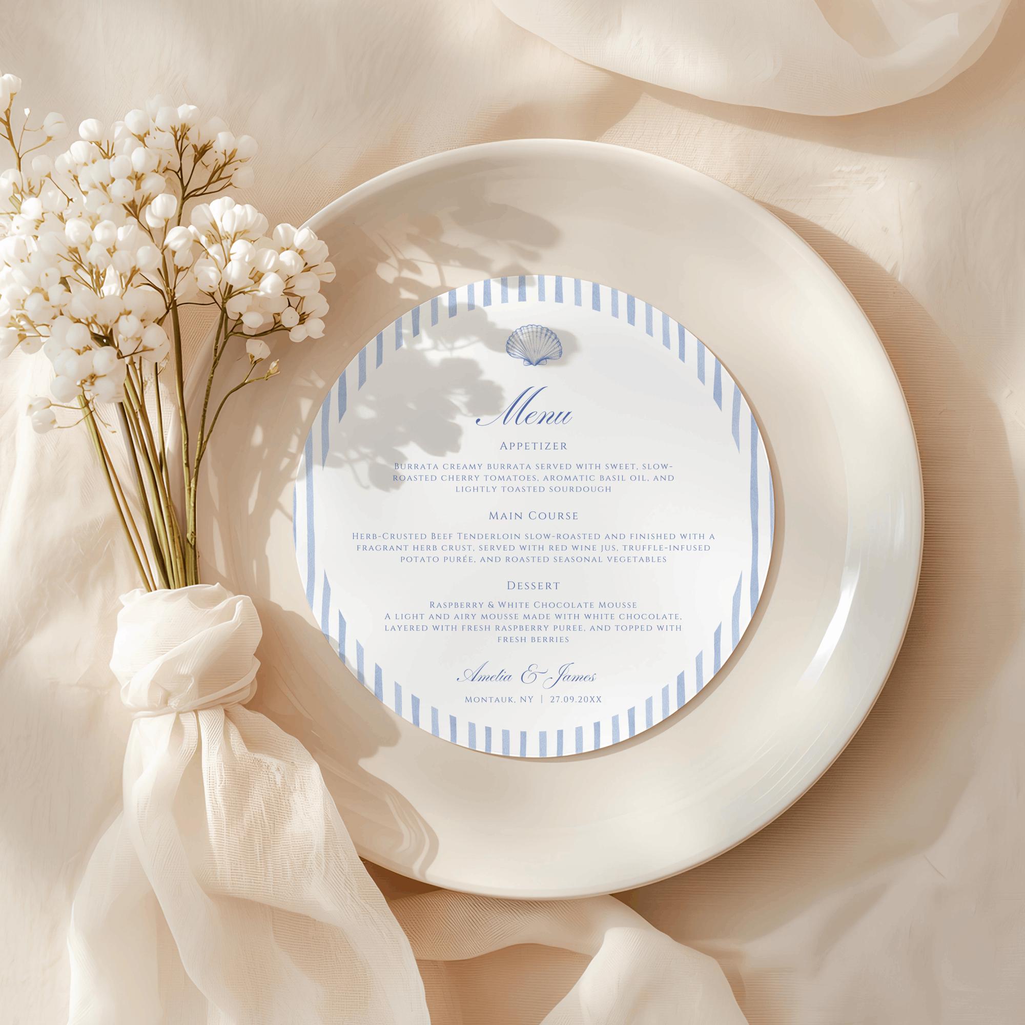 Round Seashell Menu, Blue Stripe Wedding Template, Editable Classic ...