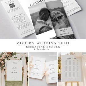 May include: A modern wedding suite bundle with templates for invitations, RSVP cards, and seating charts. The design features a black and white colour scheme with the names "Susan & George" displayed prominently. Includes a QR code for RSVP.