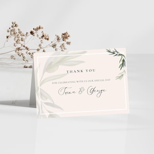 Afdrukbare olijftak bruiloft bedankkaart, salie groen aquarel ontwerp, DIY bruiloft briefpapier, elegante minimale canvas sjabloon WED0108
