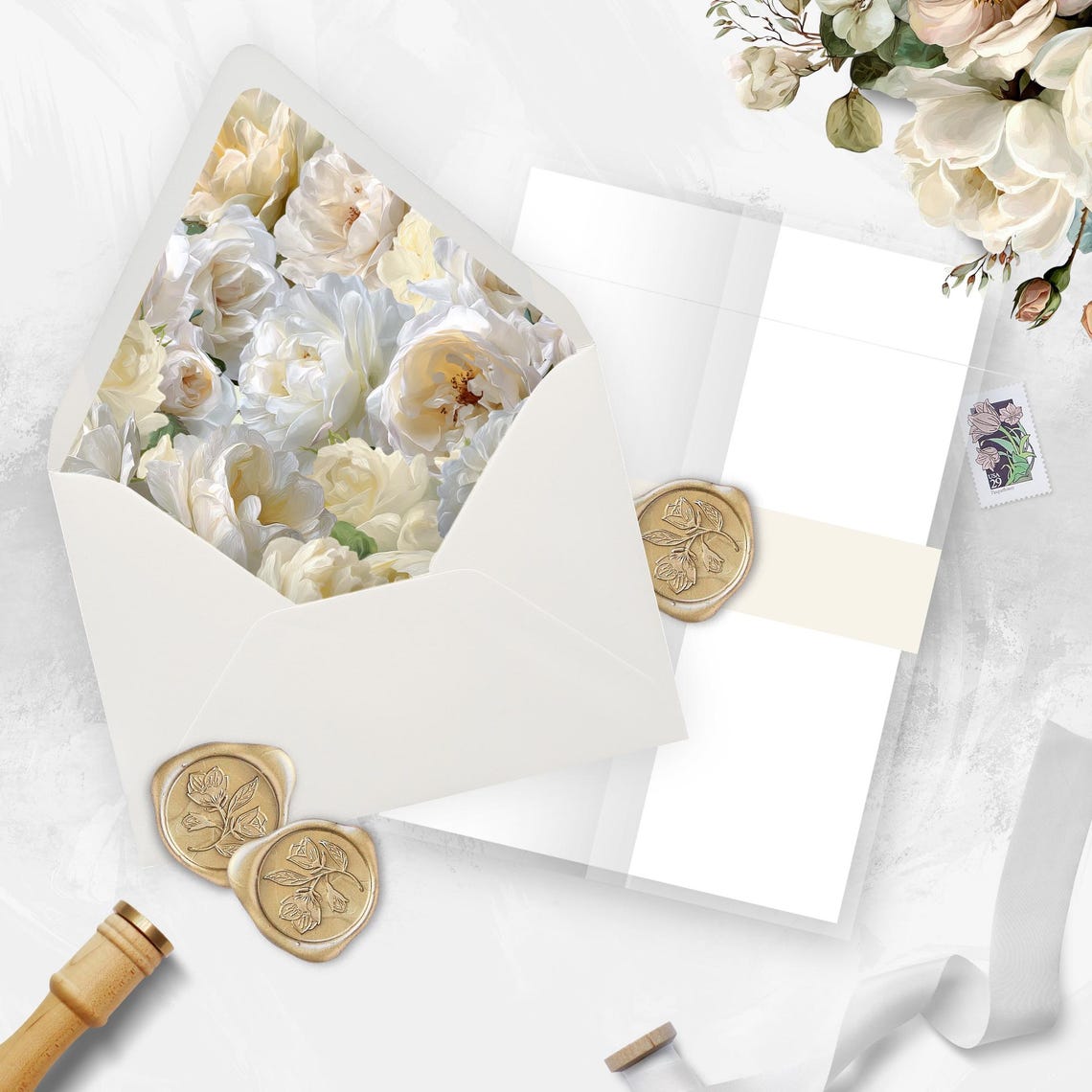 White Rose Envelope Liner, Print Floral Wedding Invite Template ...