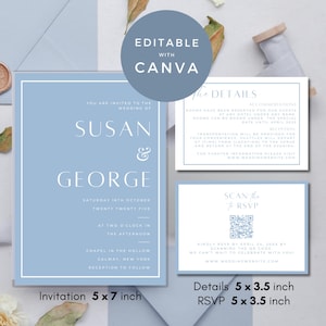 Semplice suite di inviti per matrimonio invernale blu polvere, pacchetto di design minimalista, dettagli e biglietto di auguri QR, modello digitale Canva WED0401